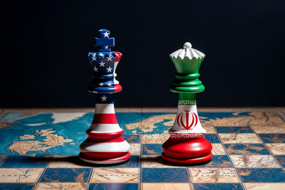 Render of a chessboard decorated with a map of the earth and with pieces decorated with the American and Iranian flag. Photo: This is Africa Library.