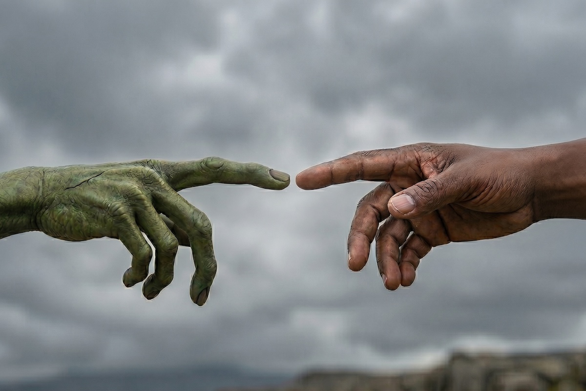 An AI generated depiction of an imagined hand of an Extra terrestrial being and a human hand.